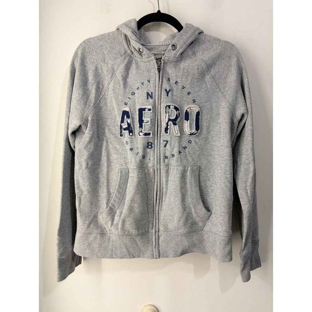 Y2K Aéropostale Aero 87 Zip Up Hoodie Gray Embroidered Applique Size L